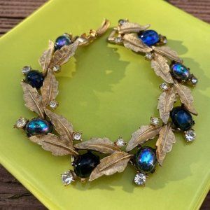 VTG ART Arthur Pepper Gold Leaf Rhinestone Link BRACELET